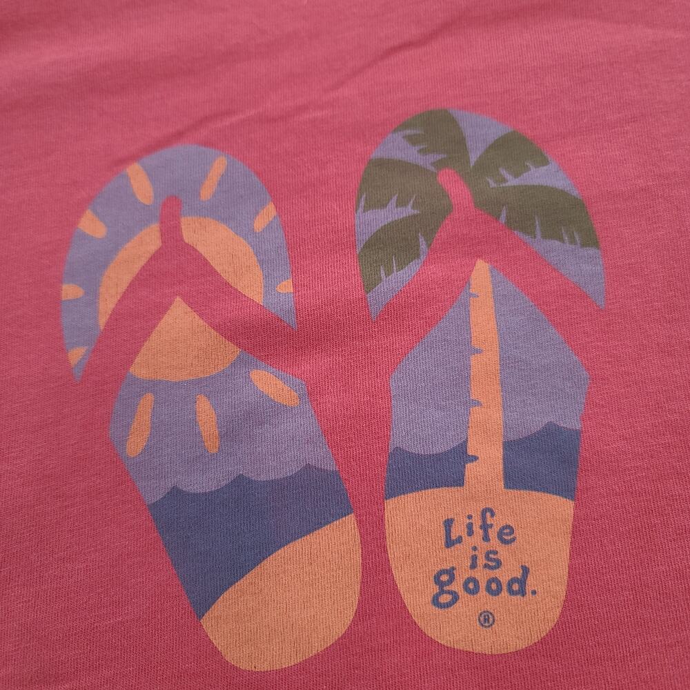 EUC Life is Good T-Shirt Flip Flops XL Red Pink Short Sleeve Beach Sandals